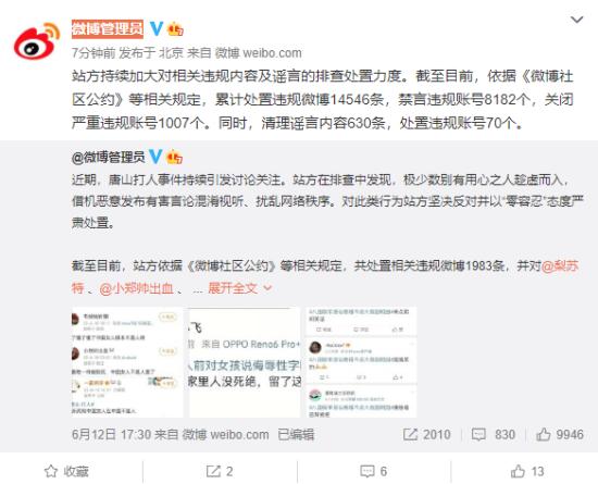 微博排查唐山打人事件相關違規內容及謠言，9千余賬號被處置